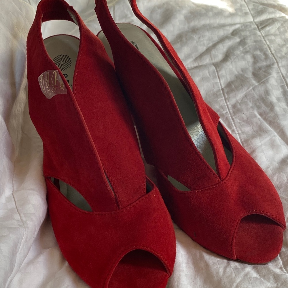 Eric Michael Red Suede Peep-Toe Heels